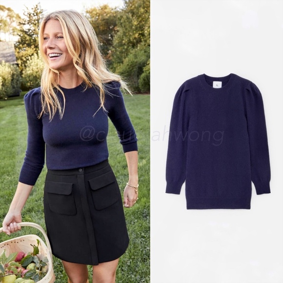 G. Label by Goop Sweaters - GWYN 100% Cashmere Signature Puff Sleeve Crew Sweater in Navy Blue